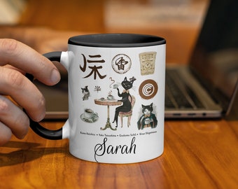 Personalized Cat Coffee Mug: Custom Name, Feline Tea Party Design
