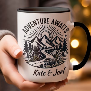Personalized Adventure Awaits Mug, Custom Couple&#39;s Camping Coffee Cup, Mountain Road Trip Enamel Mug, Gift for Travelers, Trailer Camp Mug
