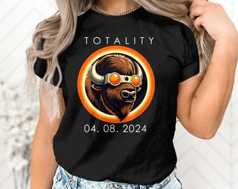 Total Solar Eclipse 2024 Bison T-Shirt, Unique Eclipse Artwork Tee, Vintage Buffalo Style Shirt, Eclipse Enthusiast Gift