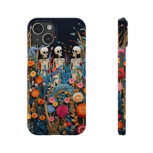 Vintage 3D Skeletons in Bloom iPhone 14 Case,Embroidered Floral Charm iPhone 15 Cover,Halloween Cottagecore,halloween fall,Spook iphone case