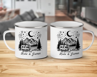 Taza de camping personalizada: diseño grabado de autocaravana de montaña, regalo de aventura