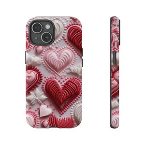 Cute 3D Heart Valentine&#39;s Day Embroidery iPhone 15 14 13 12 11 Pro Max Mini Case, Valentine Hearts iPhone Case,Samsung S21, S23, S22,Pixel 8