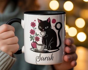 Black Cat Coffee Mug: Floral Personalized Cat Lover Gift
