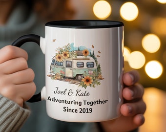 Personalized Camper Van Mug, Sunflower Decor, Custom Adventure Couple Gift, Road Trip Coffee Cup, Boho Travel Mug, Named Camping Memento