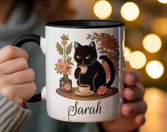 Black Cat Floral Coffee Mug: Personalized Cat Lover Gift