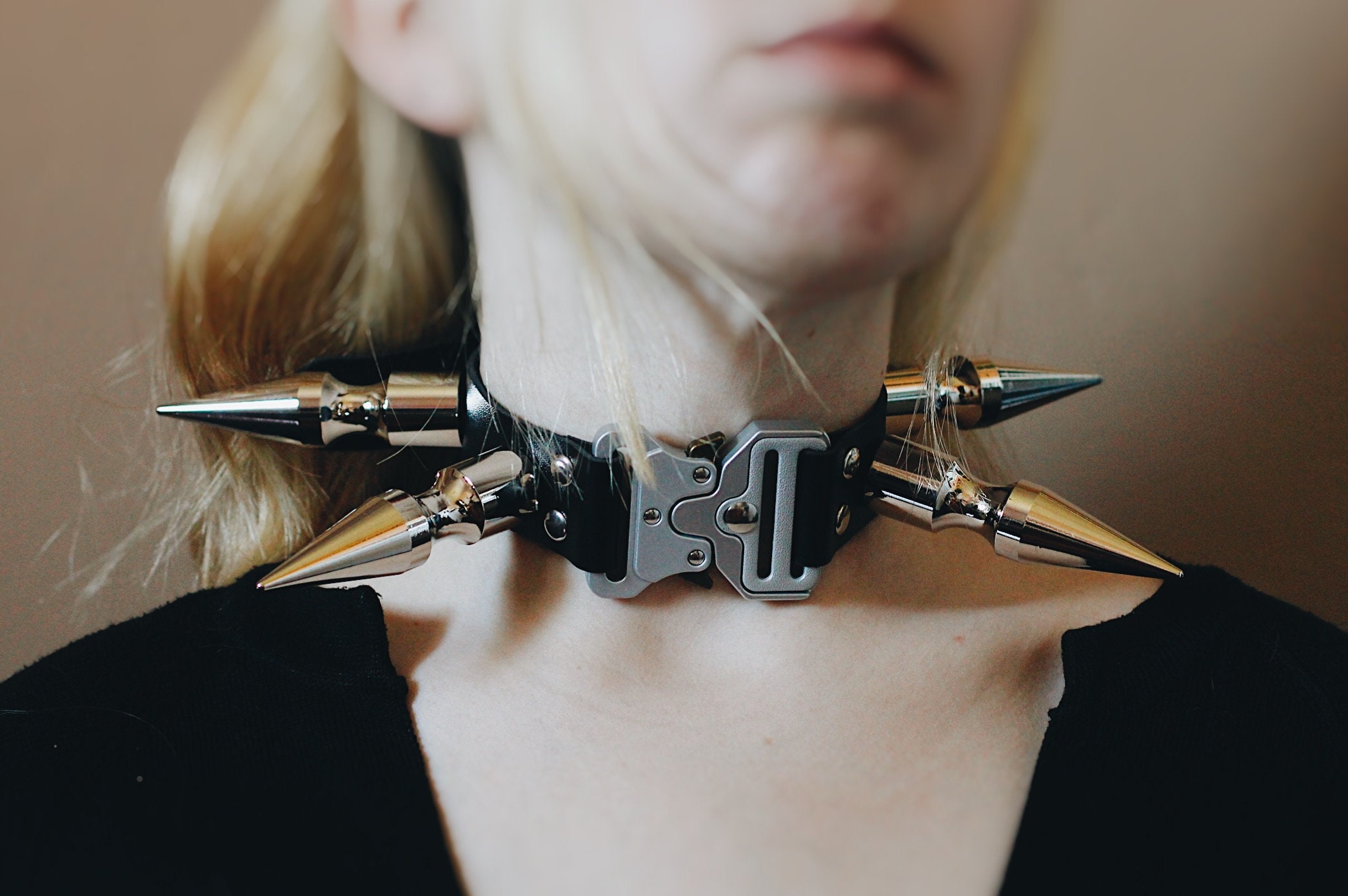 Black Spiked Posture Collar Long Spike Choker in Vegan Leather PVC With  Choice of Colours 