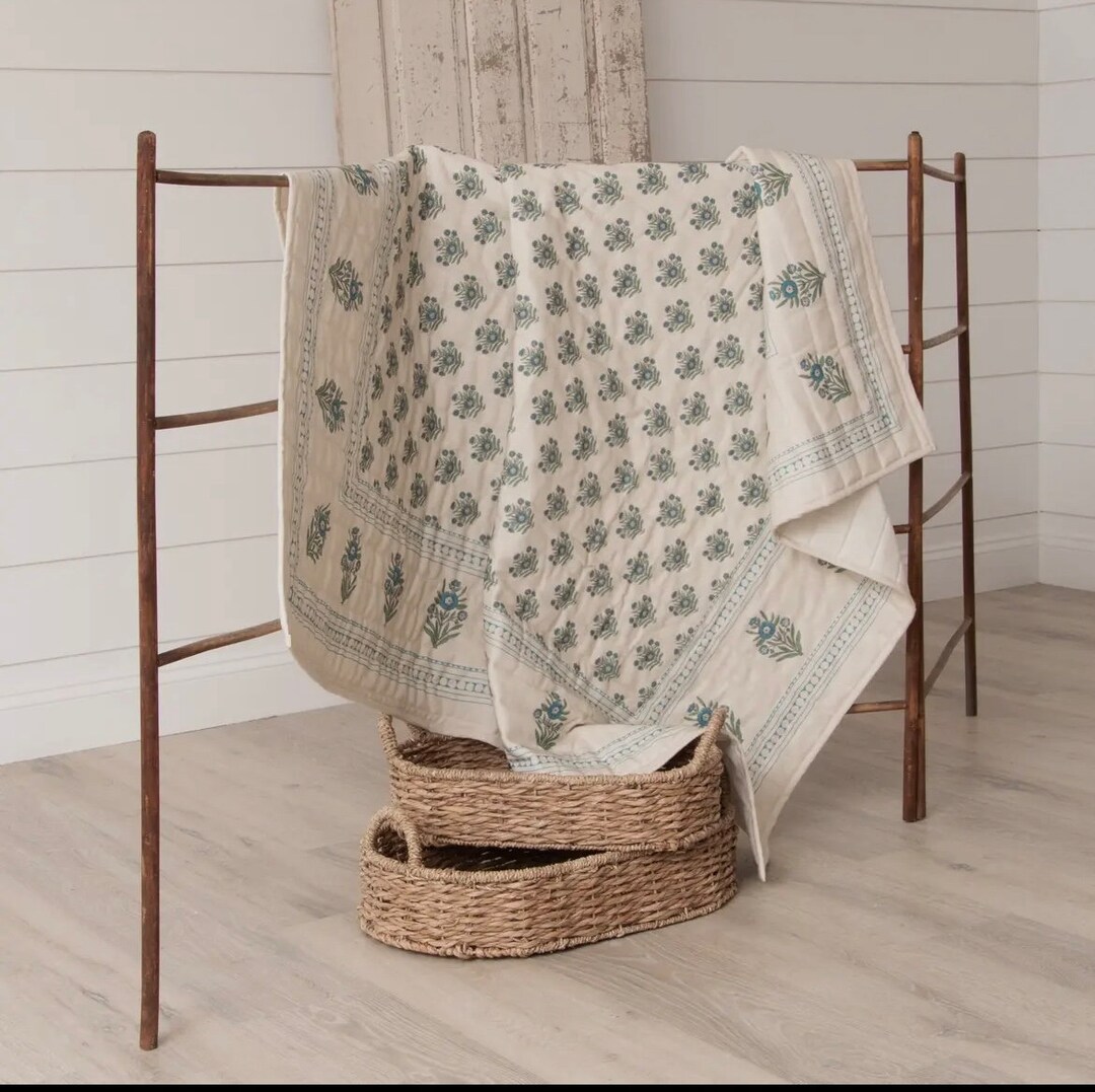 Cotton Quilt Throw Blue Floral Block 50x60 Etsy