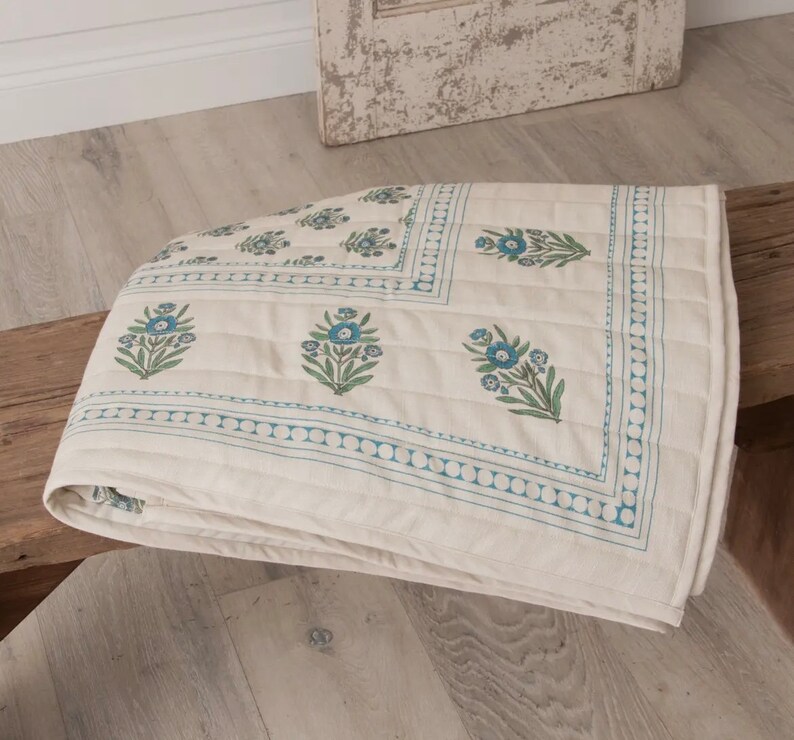 Cotton Quilt Throw Blue Floral Block 50x60 Etsy Canada