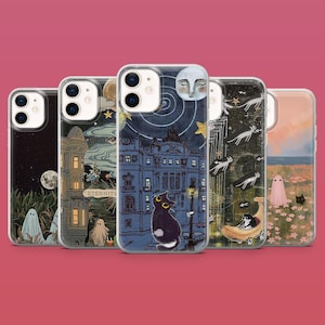 May include: Five different phone cases with various designs. The cases feature a black cat, a ghost, a building, a moon, and stars. The cases are all clear and show the phone through the design.