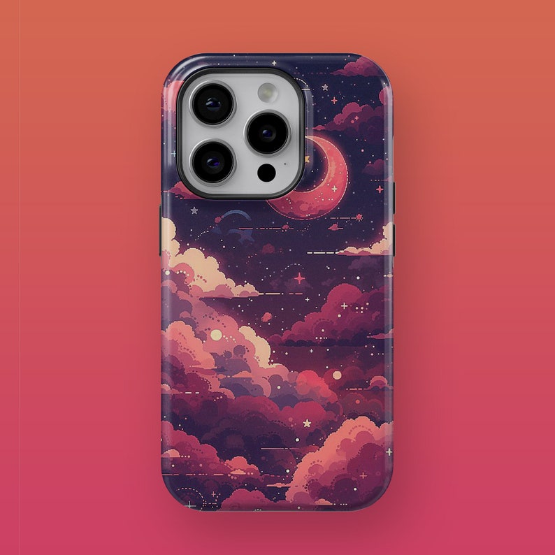 May include: A phone case featuring a pixelated design of a night sky with clouds, stars, and a crescent moon. The case is black with a white camera lens.