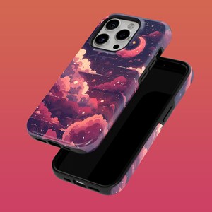 May include: A black phone case featuring a colourful design of clouds and stars. The case has a cut-out for the phone's camera lens.