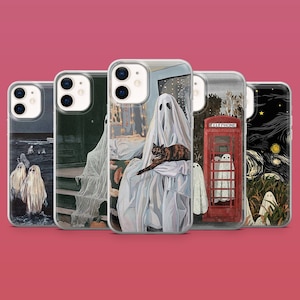 May include: Set of five phone cases featuring different spooky illustrations. The cases are clear and show a ghost in a bedroom, a ghost in a phone booth, a ghost in a forest, a ghost in a starry night, and a ghost in a hallway.