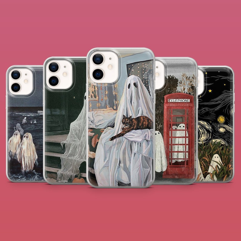 May include: Set of five phone cases featuring different spooky illustrations. The cases are clear and show a ghost in a bedroom, a ghost in a phone booth, a ghost in a forest, a ghost in a starry night, and a ghost in a hallway.