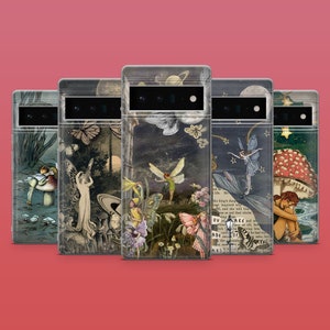 May include: Five phone cases with different designs featuring fairies, mushrooms, and stars. The cases are clear and show the phone screen through the back.