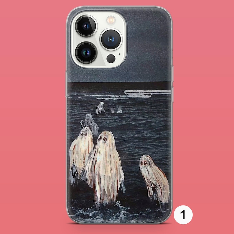 May include: A phone case with a dark blue background and a white image of several ghosts in the water. The ghosts are white and translucent, with visible eyes. The phone case has a clear back and a silver camera bump.
