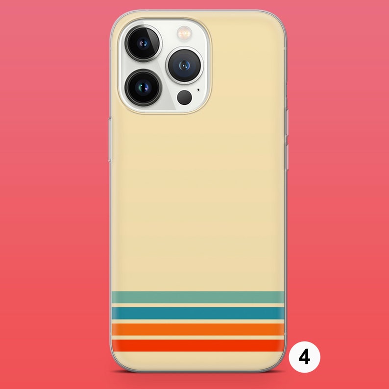 May include: A clear phone case with a retro design. The case has a cream background with five horizontal stripes in shades of blue, orange, and red.