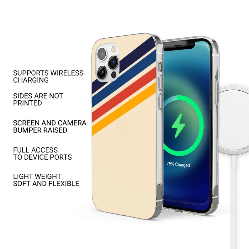 May include: A clear phone case with a colorful retro stripe design on the back. The phone case is compatible with wireless charging. The phone is shown charging on a wireless charging pad.