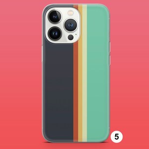 May include: A clear phone case with a dark blue background and a vertical stripe of orange, yellow, and light green. The case has a raised camera bump with three lenses.
