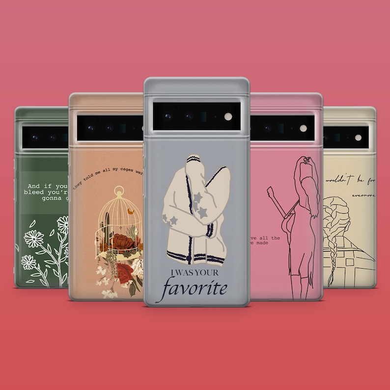 May include: Five different phone cases with various designs. The cases are all clear and have a white border. The designs include a floral pattern, a birdcage with flowers, a white sweater with stars, a line drawing of a person, and a braided hairstyle with text.