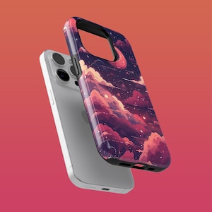 May include: A phone case featuring a colourful illustration of clouds and a crescent moon against a dark blue background.