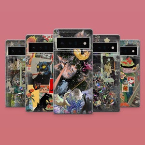 May include: Five different phone cases featuring a collage of colourful images of cats, stars, and other abstract designs. The cases are all black and have a clear plastic cover over the design.