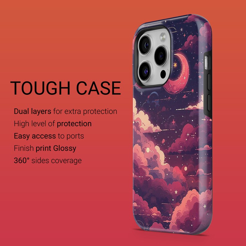 May include: A tough phone case featuring a pixelated design of clouds, stars, and a crescent moon. The case is designed to offer dual layers of protection, easy access to ports, and 360&deg; sides coverage.