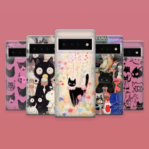 May include: Six different phone cases with black cat designs. The cases are all clear and show the designs through the plastic. The designs include a black cat with a flower crown, a black cat with a crown, a black cat with a crown and a flower crown, a black cat with a crown and a flower crown, a black cat with a crown and a flower crown, and a black cat with a crown and a flower crown.