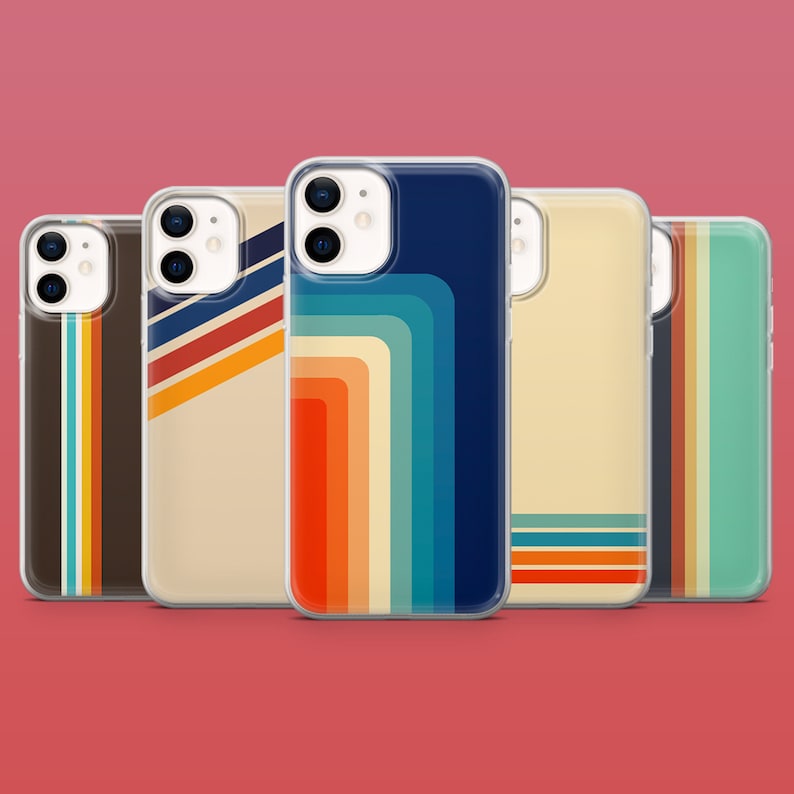 May include: Five different iPhone cases with retro-style rainbow designs. The cases are clear and show the phone's color through the design.