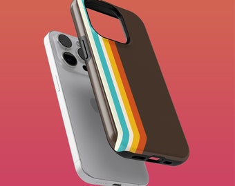 May include: A brown phone case with a retro-style striped design in blue, yellow, and white. The case is shown on top of a white iPhone.