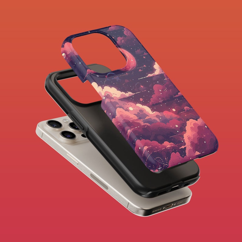 May include: A black phone case with a colourful, abstract design of clouds and stars. The case is designed to fit an iPhone.