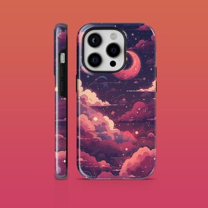 May include: A phone case featuring a pixelated design of a crescent moon and clouds against a dark blue background. The case has a black border and a camera cutout.