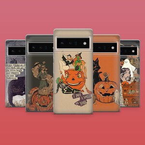 May include: Set of five Halloween-themed phone cases with different designs. Each case features a black and orange color scheme with illustrations of pumpkins, witches, cats, and other spooky characters. The text "I put a spell on you" is featured on one of the cases.