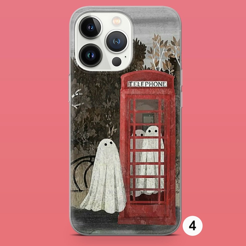 May include: A red telephone booth with a white "TELEPHONE" sign above the door. Three white ghosts are inside the booth. The booth is in front of a dark, wooded background.