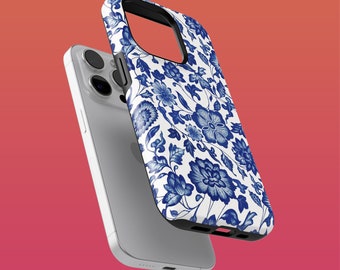 Rugged Folk Style Phone Case Blue Handcrafted Cover for iPhone 16Plus, 15, 14, 13, 12, Google Pixel 9Pro XL, 8A, 7A, Samsung S24, S23FE, A54
