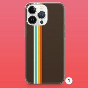 May include: A clear phone case with a brown background and a vertical stripe design in turquoise, yellow, and orange.