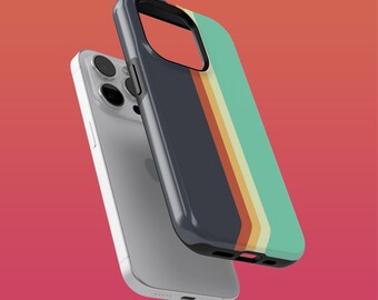 May include: A phone case with a retro-style design featuring a dark blue background with a vertical stripe of orange, yellow, and beige, and a teal green stripe on the right side.