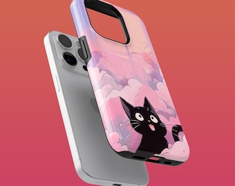 Tough Anime Cat Phone Case Pink Clouds Cover for iPhone 16Plus, 15, 14, 13, 12, Google Pixel 9Pro XL, 8A, 7A, 6A, Samsung S24Ultra, S23, A54