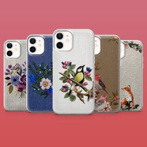 Embroidery Phone Case Sewed Bird Phone Cover for iPhone 15Pro, 14 Mini, 13, Pixel 8A, 8Pro, 7A, Samsung S24 Ultra, S22, S23FE, A54, A25, A15