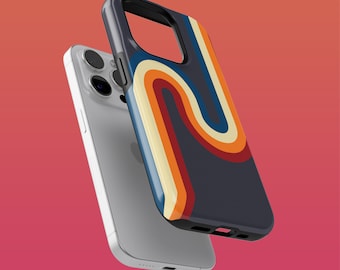 May include: A phone case with a retro-style design featuring a wavy, multi-colored pattern in shades of orange, yellow, and brown on a dark blue background.