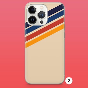 May include: A clear phone case with a beige background and a diagonal pattern of blue, red, and yellow stripes. The case is designed for an iPhone with a camera bump.
