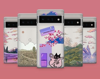 May include: Five phone cases with different designs. The cases are all white with a black outline. The designs include a mountain range, a field of grass, a cityscape, a cat in a bag, and a floral pattern with the text "PROGRAM ERROR".