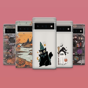 May include: Five different phone cases with Halloween themes. The cases are all white with black accents and feature different Halloween characters, including a black cat, a ghost, and a witch. The cases are all designed to fit a smartphone.