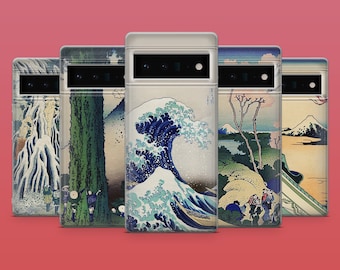 May include: Five different phone cases with Japanese-inspired designs. The cases are all black and feature different images, including a wave, a mountain, a tree, and a waterfall.