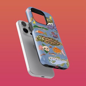 May include: A blue phone case featuring a colorful illustration of various fish. The case has a black border and is shown with a silver smartphone. The fish are in shades of green, orange, purple, and yellow.