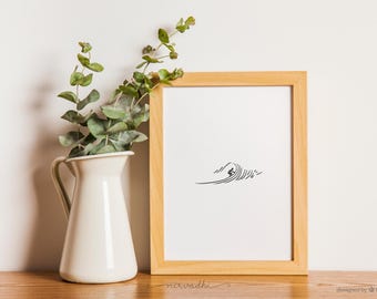Minimalist Surfer Line Art Print | Black & White Beach Decor (Digital Download)