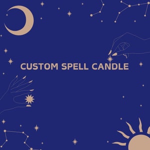 May include: A blue background with a crescent moon, stars, and constellations. Two hands are holding stars, one on each side of the text "CUSTOM SPELL CANDLE". The bottom right corner has a sun with rays.