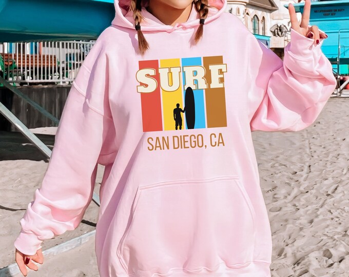 Surf Hoodie, California Surf Sweatshirt, Ocean Beach San Diego, Surfing Hoodie, Retro Surfing Crewneck, Surfer Hoodie, Surfer Girl Hoodie