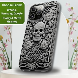 Crochet Skull Pattern Phone Case, Floral Crochet Skull Phone Case, Floral Skull Phone Cover, Skull Lover Phone Gift, iPhone, Samsung, Pixel