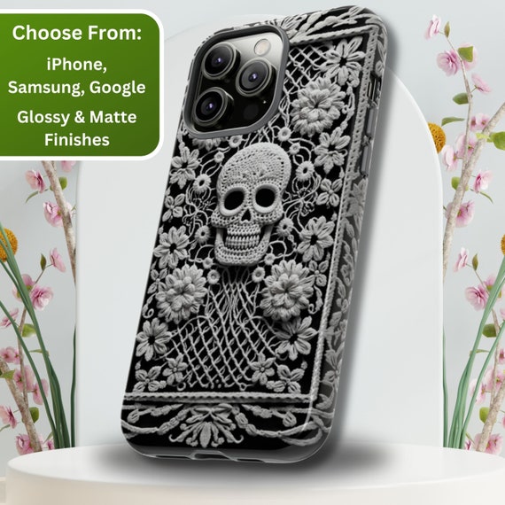 Floral Skull Phone Case: Crochet Style Design