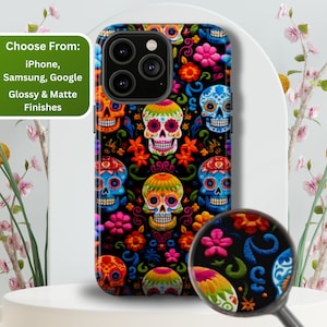 Sugar Skull Phone Case, Floral Sugar Skulls Phone Case, Spooky Embroidered Phone Case, Day of the Dead Phone Case, iPhone, Pixel, Samsung